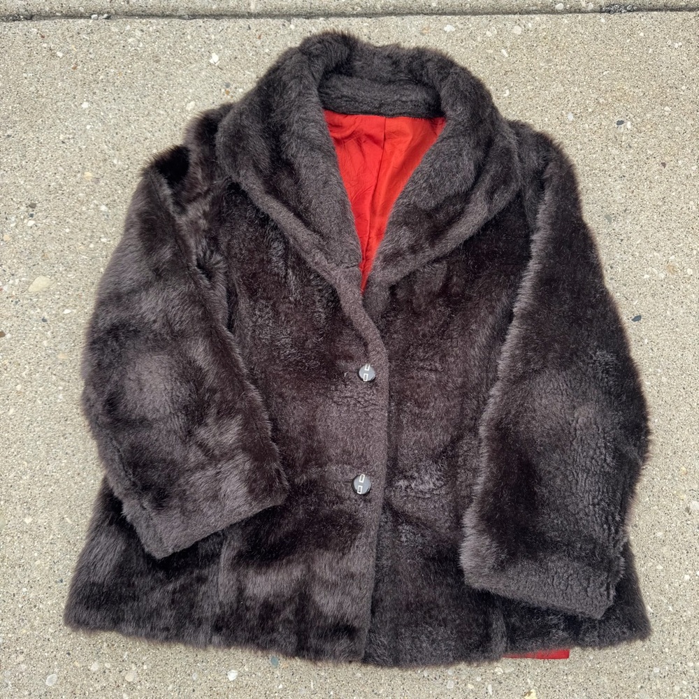 Vintage 80s Elegant Faux Fur Pea Coat Dark Brown Union Made